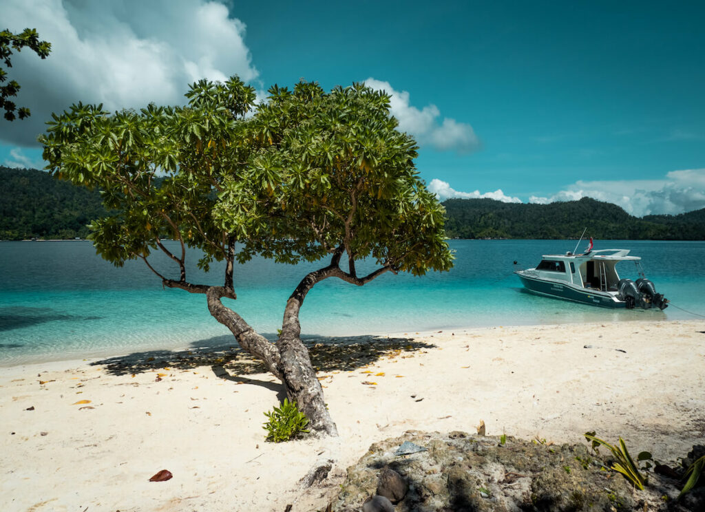 plage mer turquoi et bateau à Raja Ampat