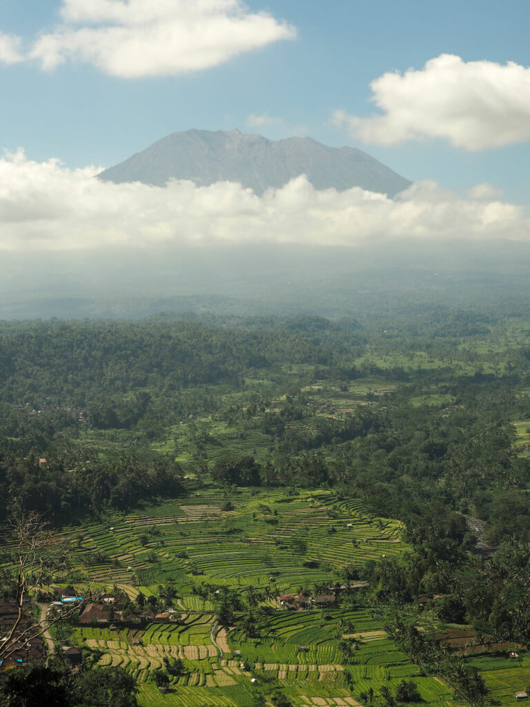 vue sur la vallée de Sidemen avec rizières et volcan Agung